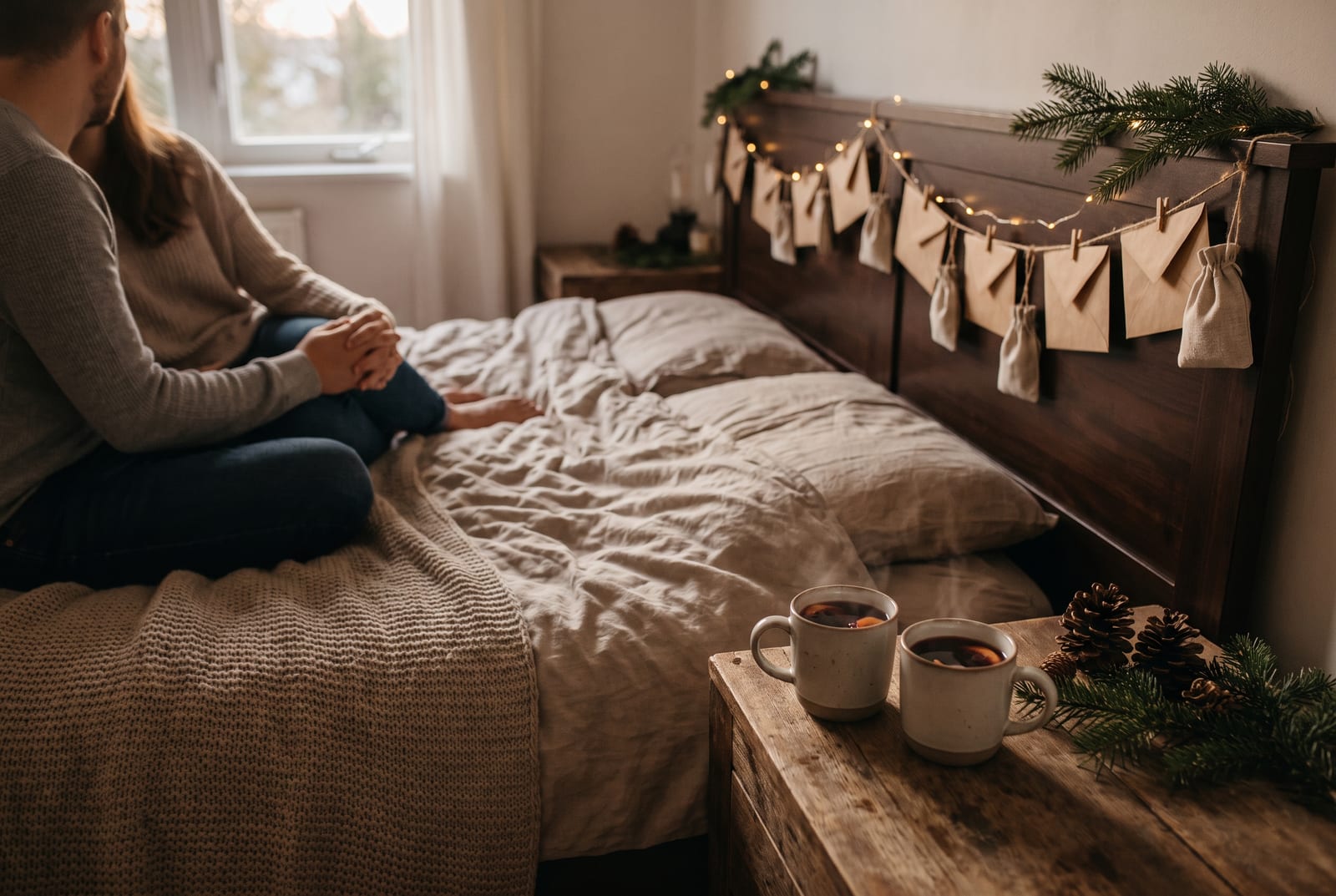 Girlande aus Umschlägen und Leinensäckchen am Kopfteil eines Bettes, zwei Tassen Glühwein