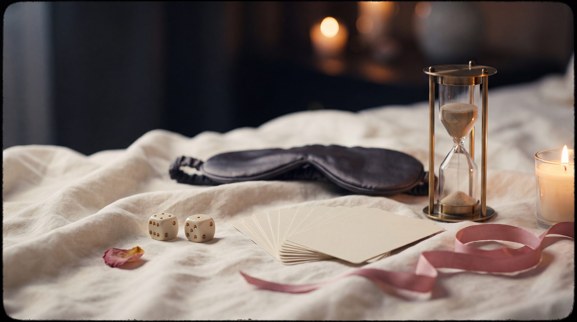 Dice, cards, a blindfold and an hourglass laid out on a bed by candlelight