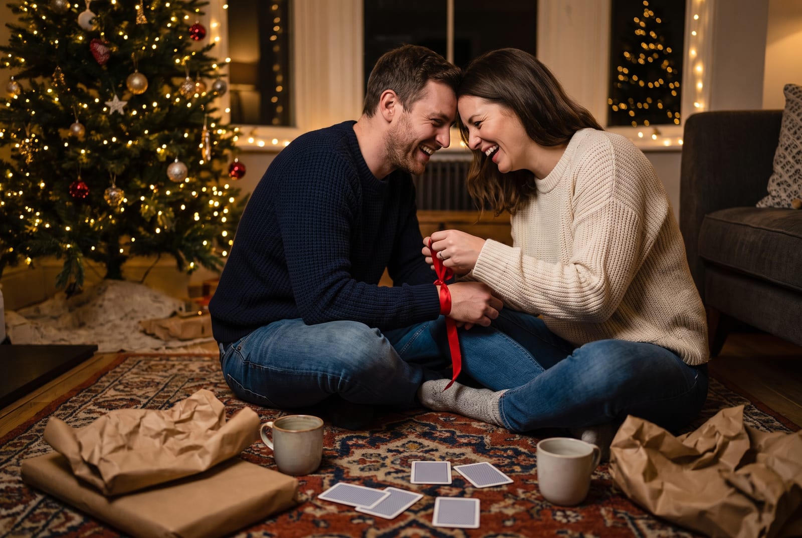 Laughing couple in knit sweaters by a lit Christmas tree, untying a red ribbon, with playing cards and cocoa mugs on the rug