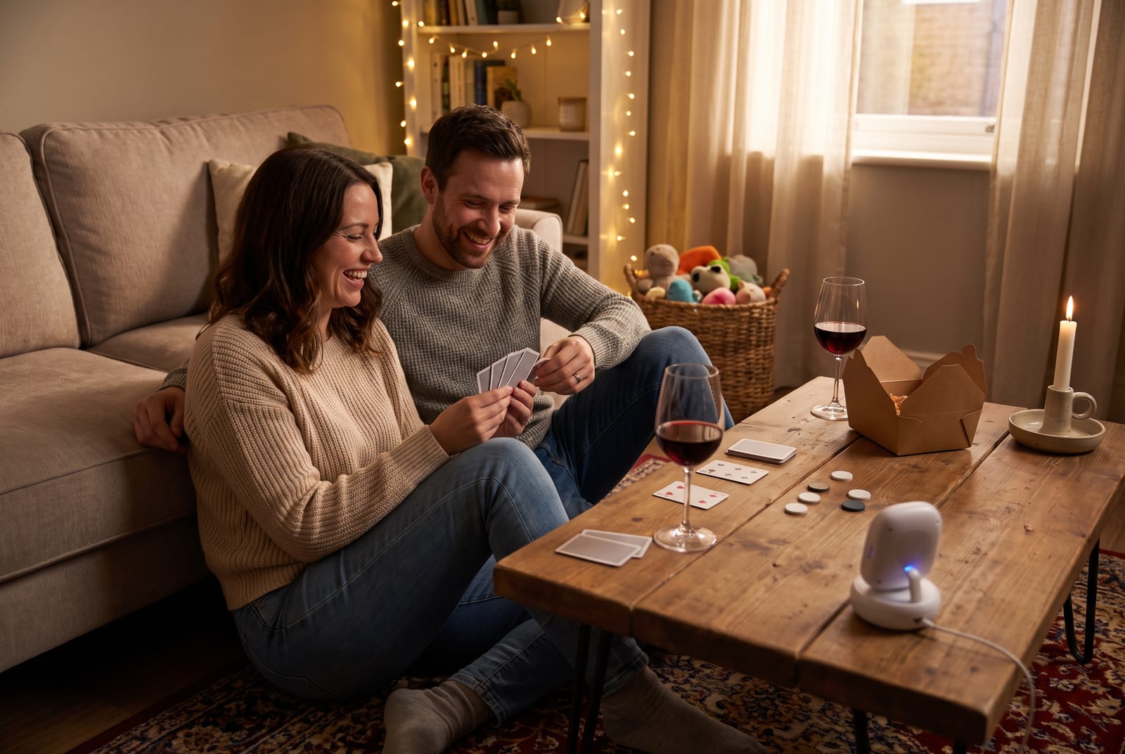 Laughing couple playing cards on a living room rug with wine, a candle and a baby monitor