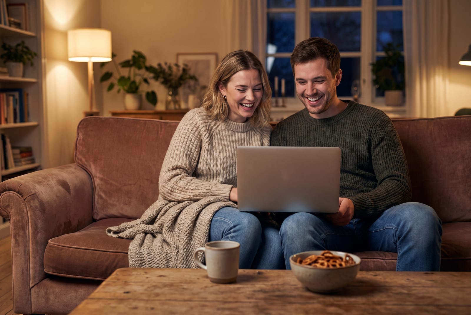 A couple laughing together over one laptop on the sofa while playing an online game
