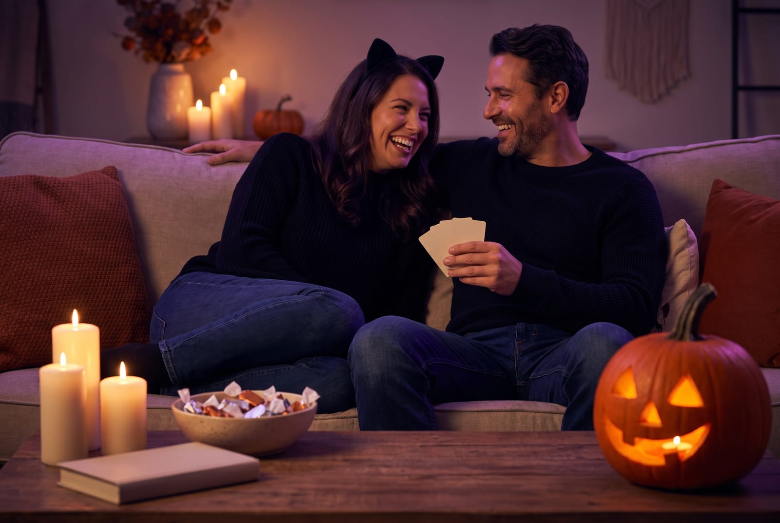 Laughing couple on a sofa in cat ears, holding cards, with candles and a glowing jack-o'-lantern