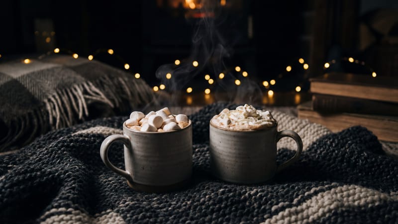 Cozy holiday date night at home with candles and warm drinks