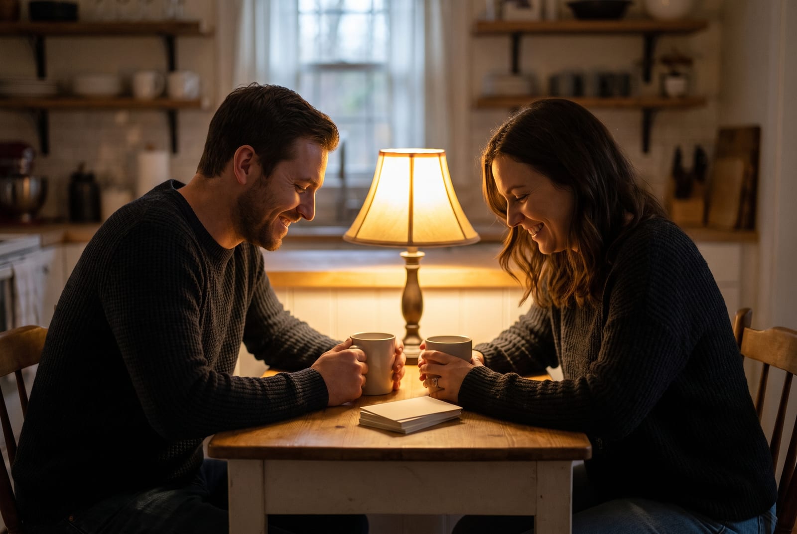 A couple sitting across a kitchen table by lamplight with a stack of question cards between them