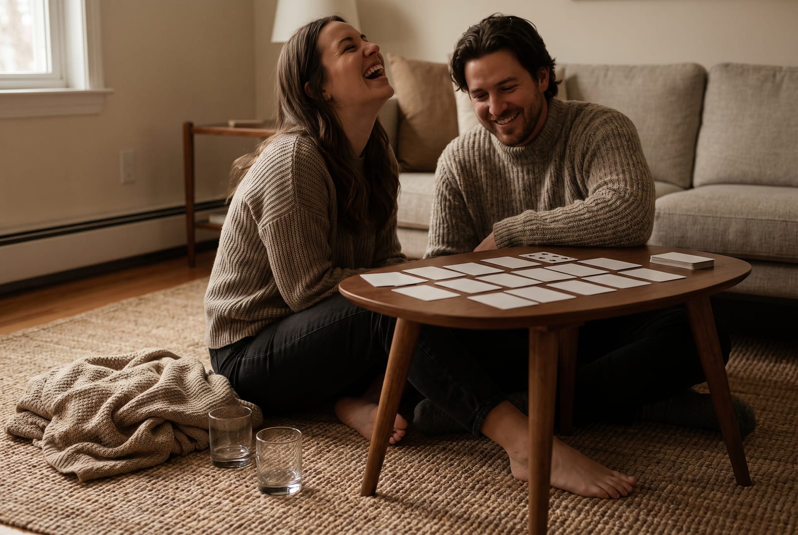 Two people laughing over a spread of plain playing cards on a low table at home