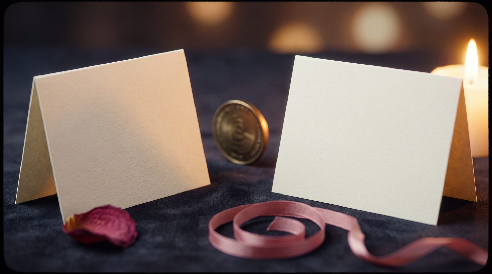 Two blank cards standing side by side with a brass coin spinning between them by candlelight
