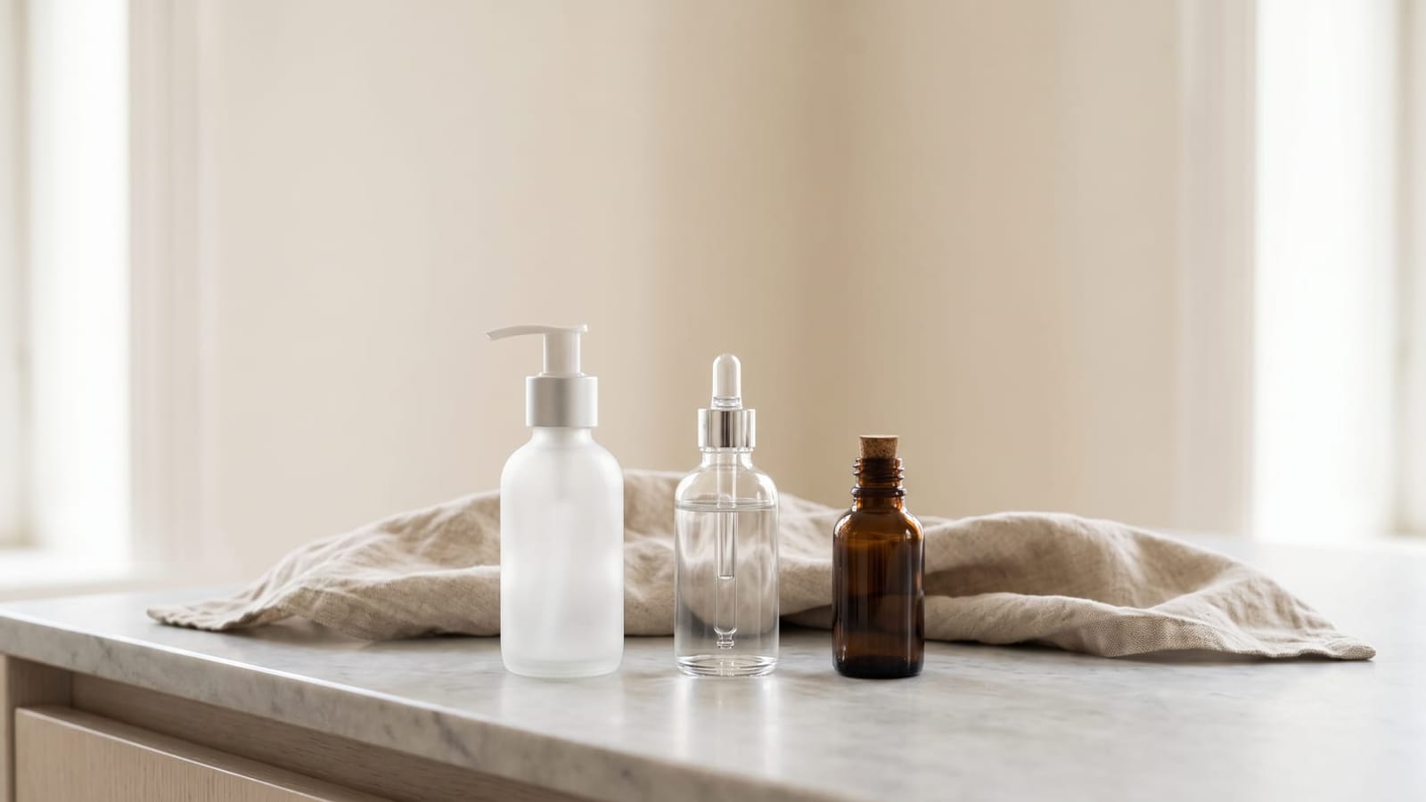Three unlabelled bottles in a row on a marble counter next to a linen napkin
