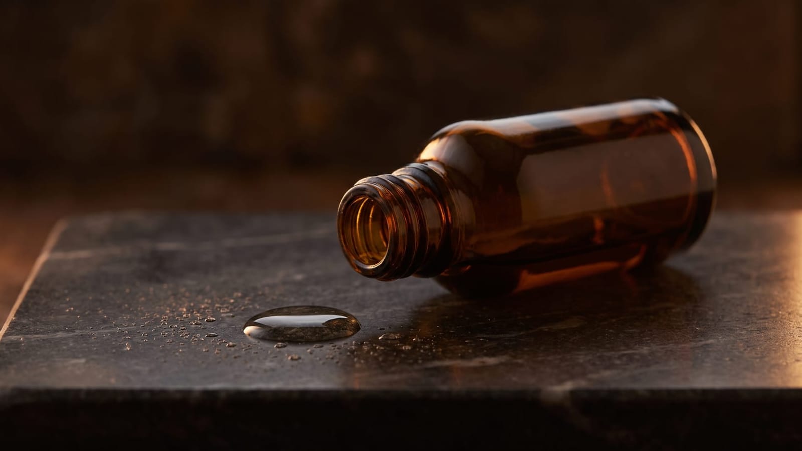 Omgevallen donker glazen flesje en een dikke druppel op een stenen plaat