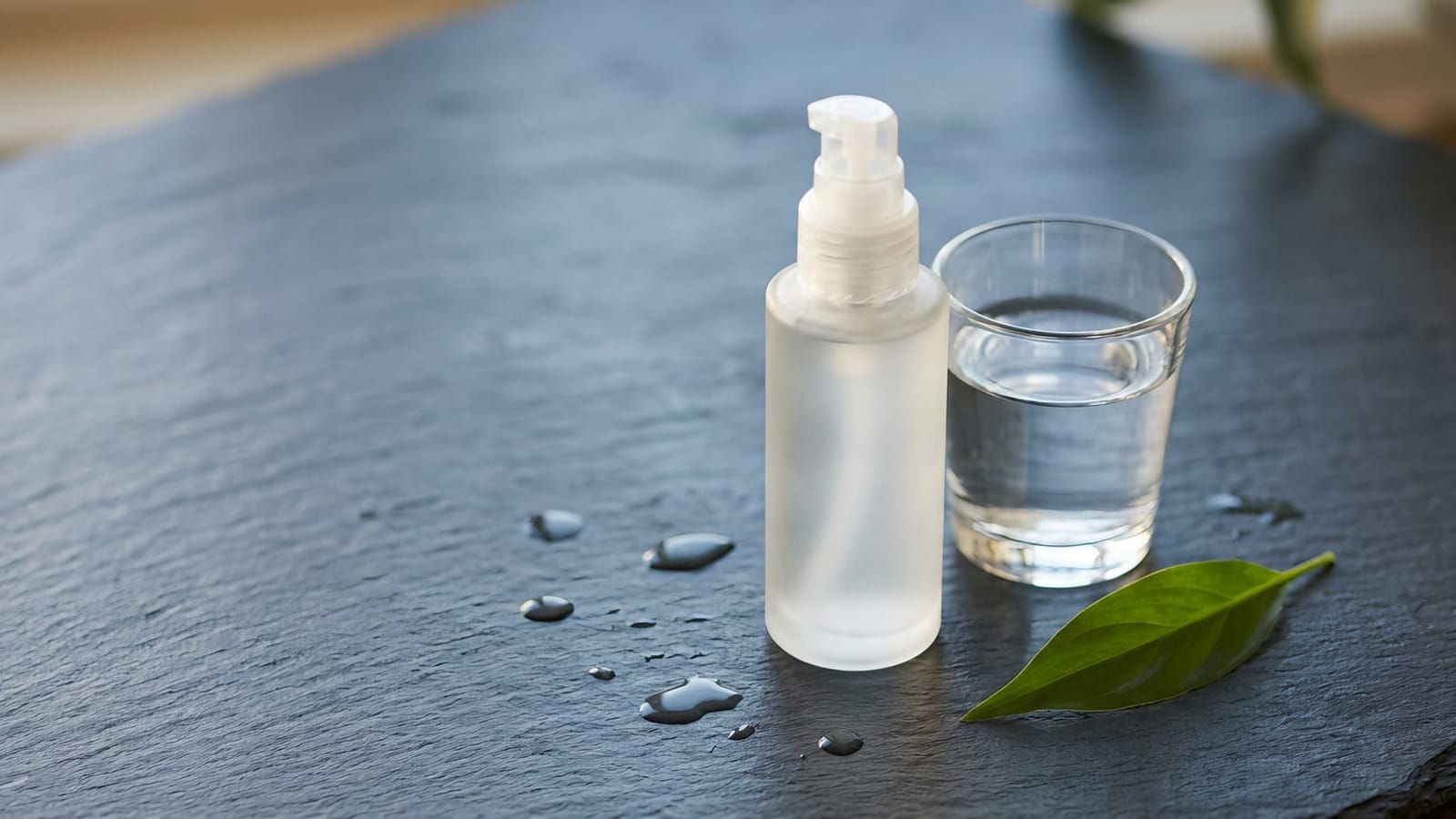 Matte fles met pompje, een glas water en waterdruppels op een leistenen plaat