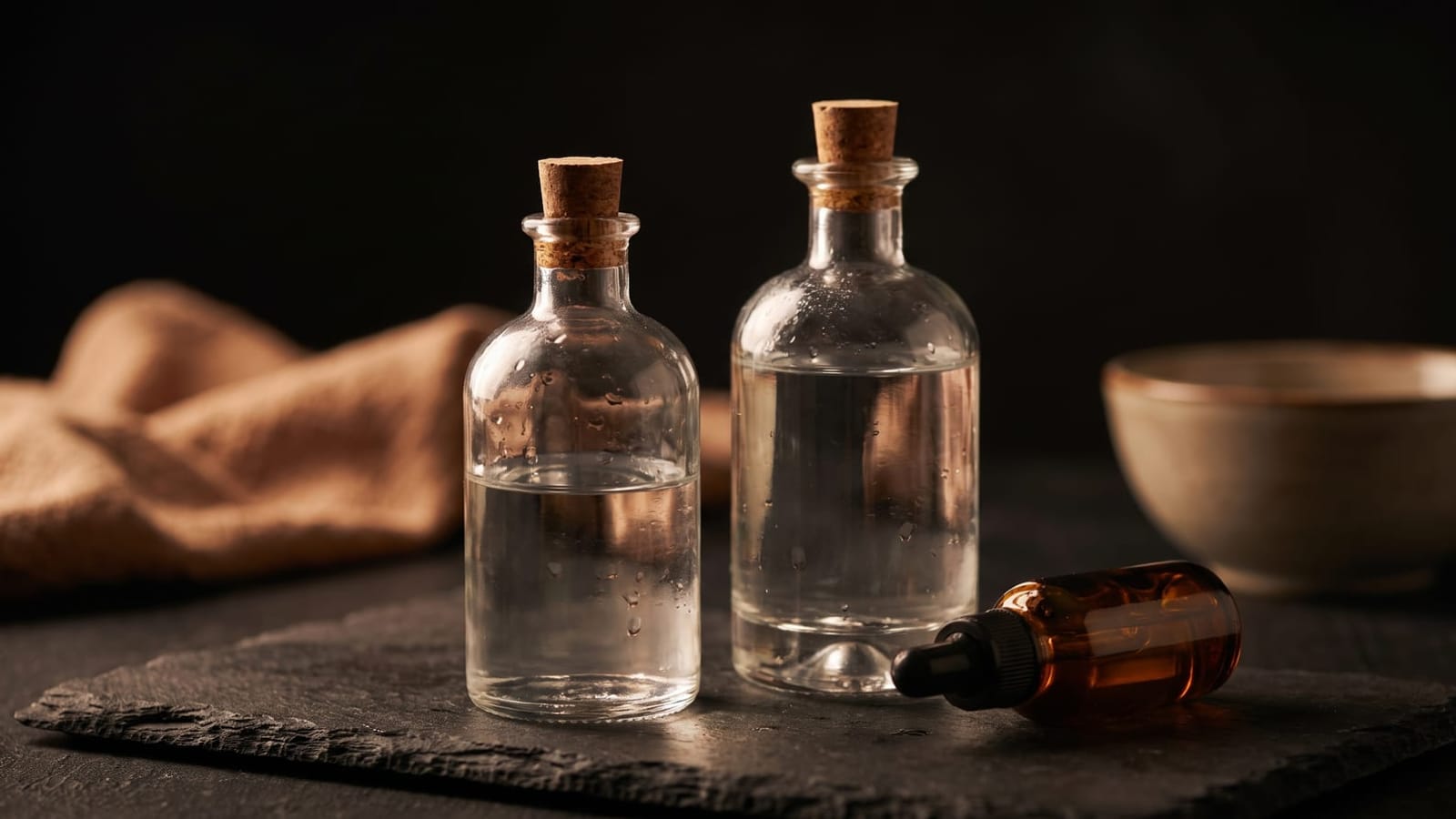 Twee glazen flessen zonder etiket en een flesje met pipet op een leistenen plaat