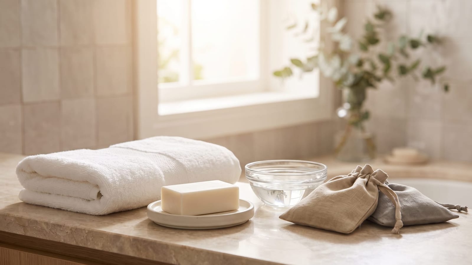 Folded white towel, a bar of soap on a ceramic dish, a glass bowl of water and two linen pouches on a bathroom counter